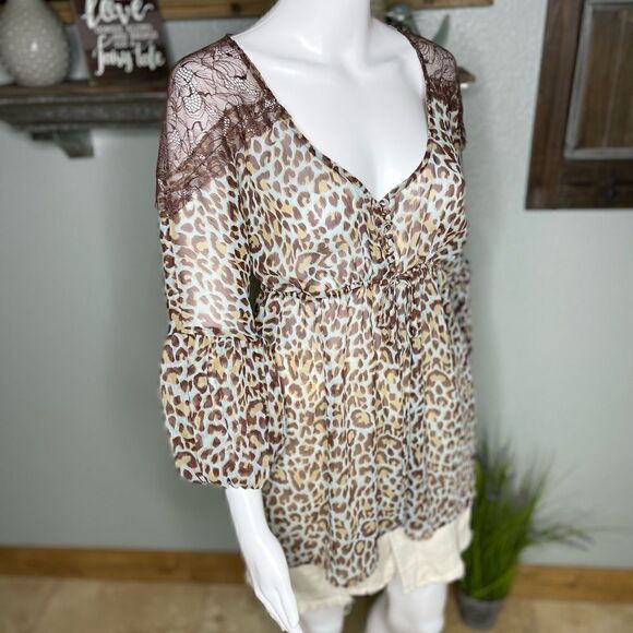 BCBG Maxazria Sheer Blue Brown Leopard Print Blouse Top Size Medium - Picture 5 of 15